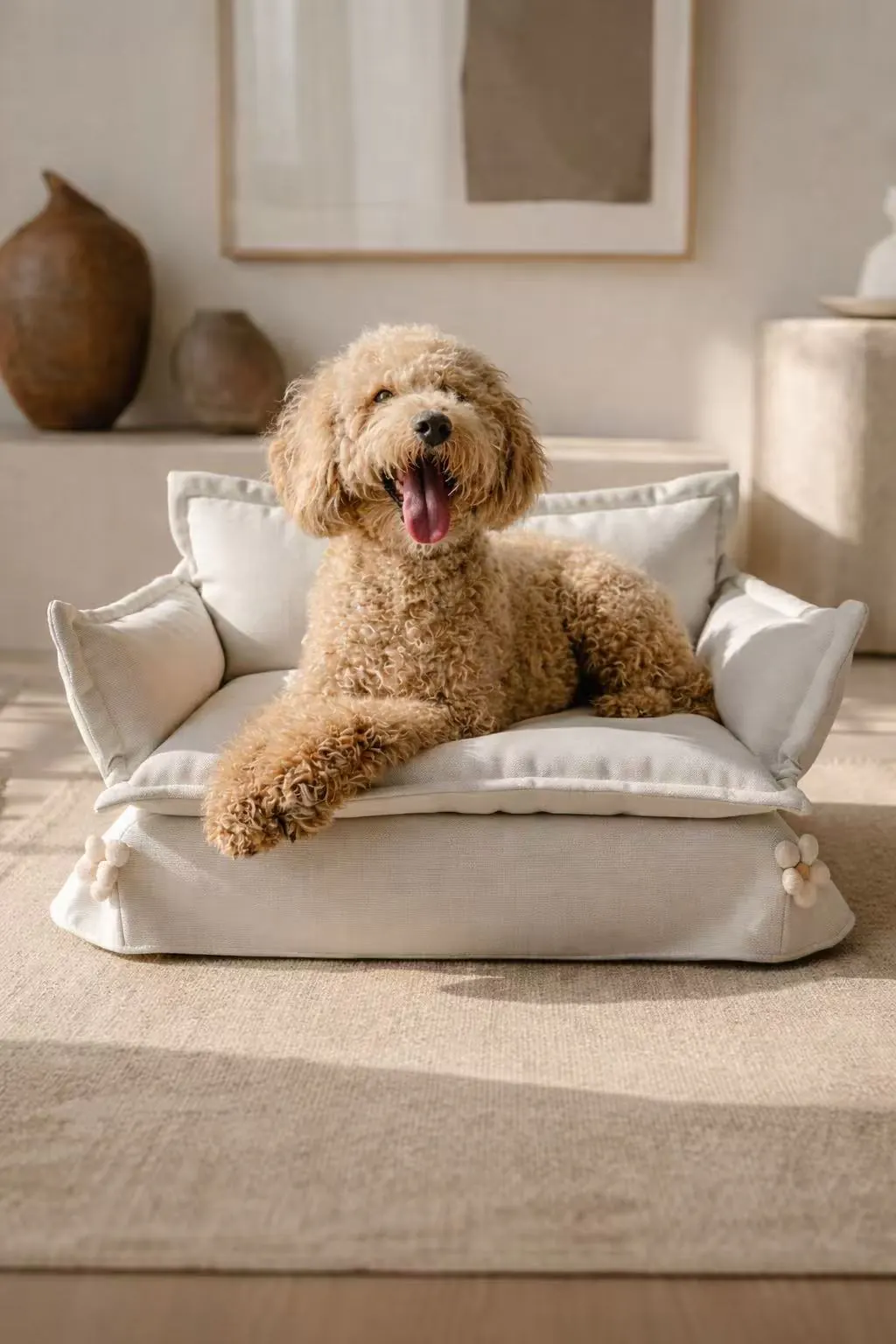 Dog resting in a furnished room beside a window treatment