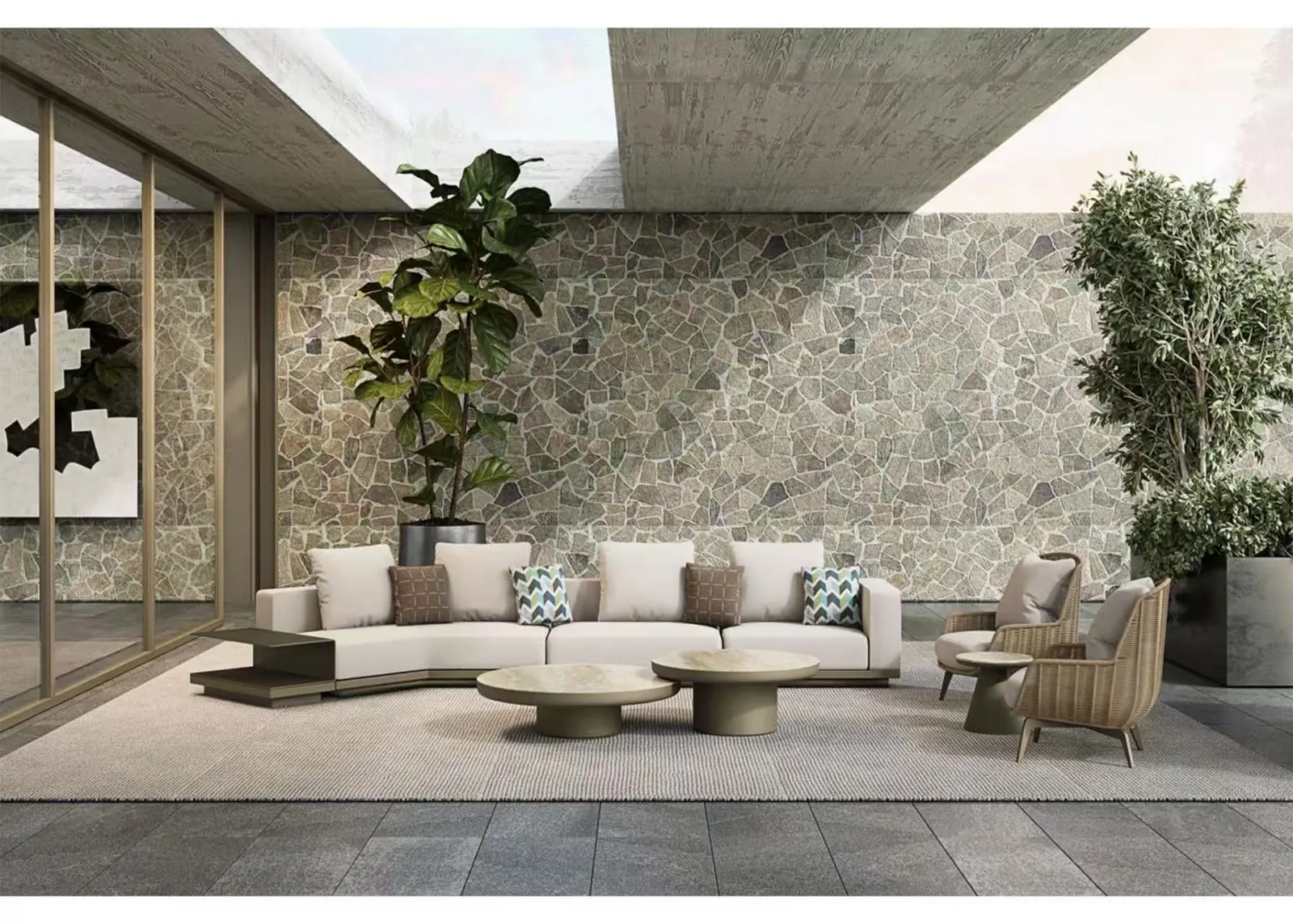 Outdoor lounge furniture in an architectural courtyard