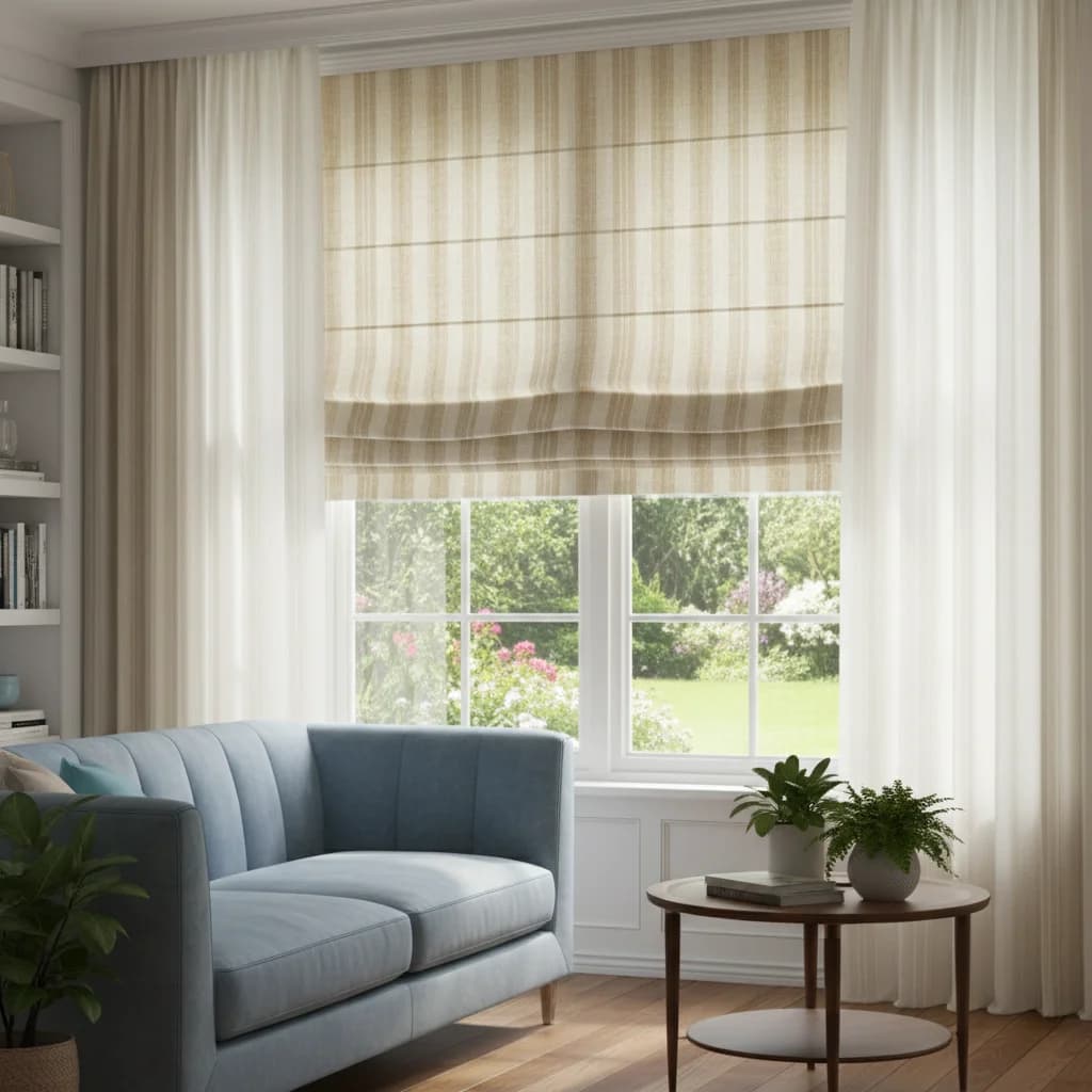A Roman blind and sheer curtains coordinated with living room furniture