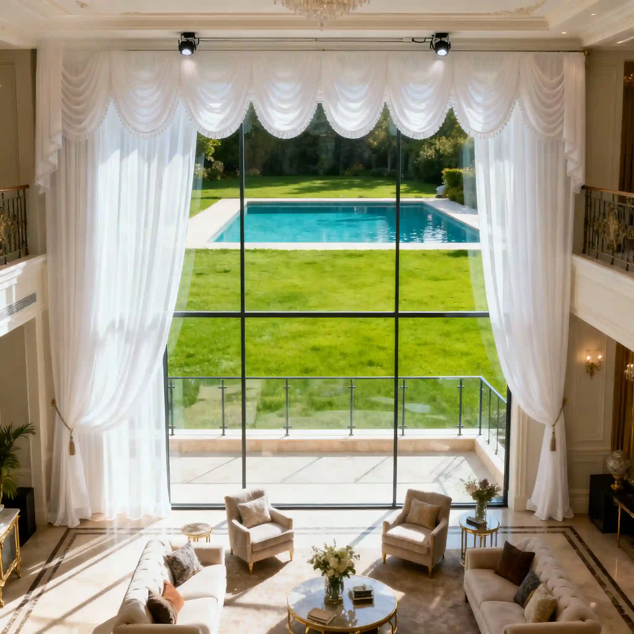 Decorative upholstered top treatment with full-length curtains and sheers