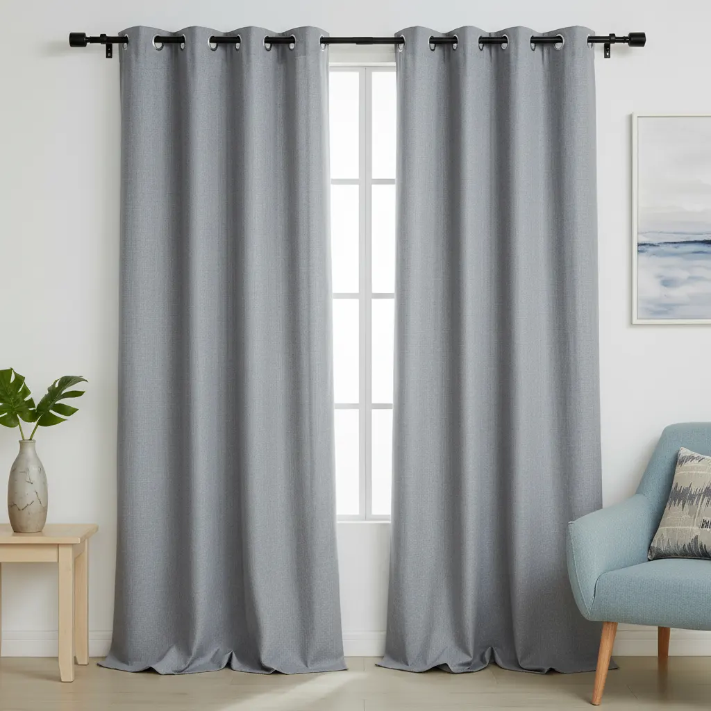 Full-length eyelet curtains hanging from a visible pole in a living room