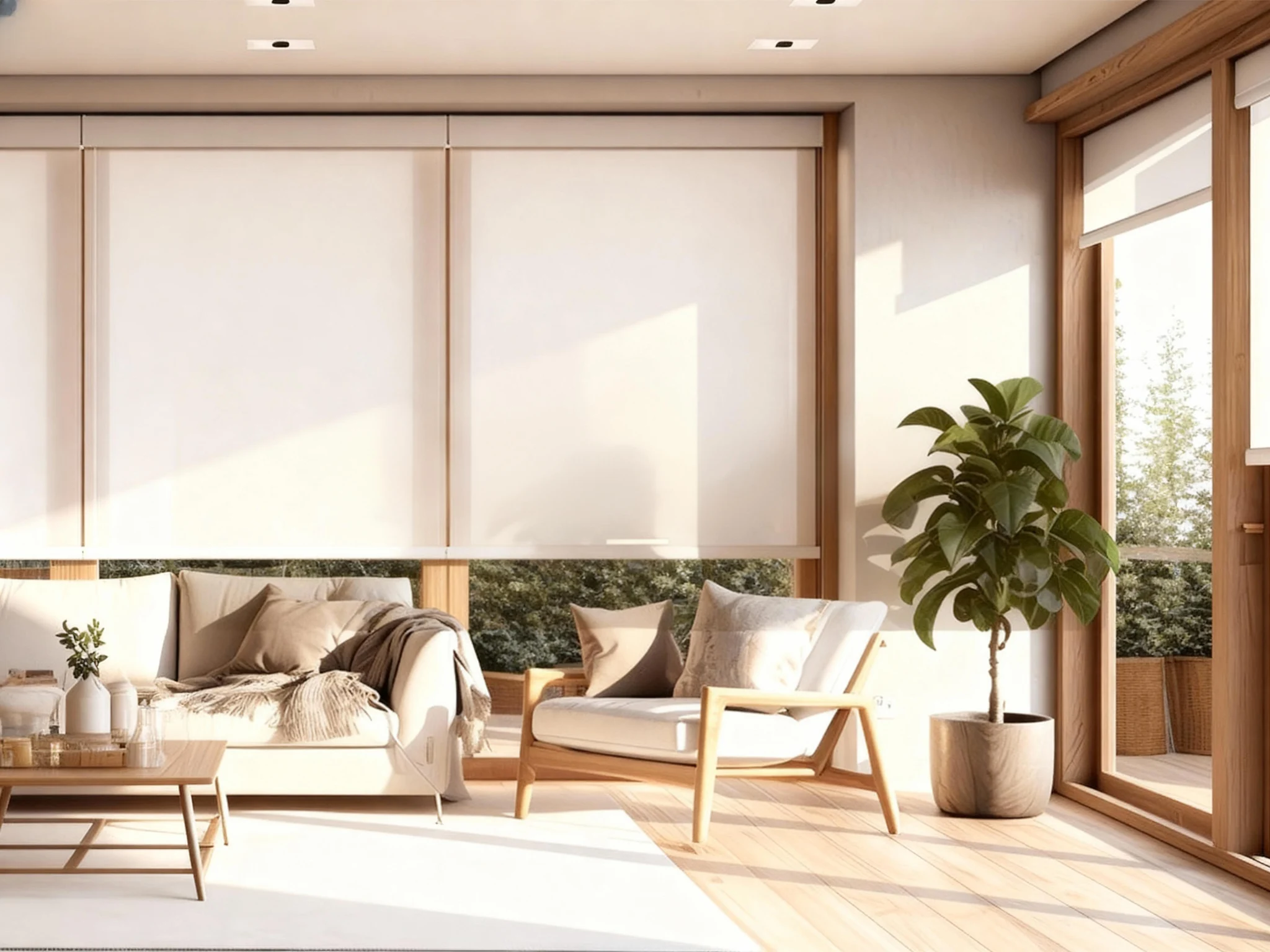 Roller blind managing daylight beside a coastal outlook