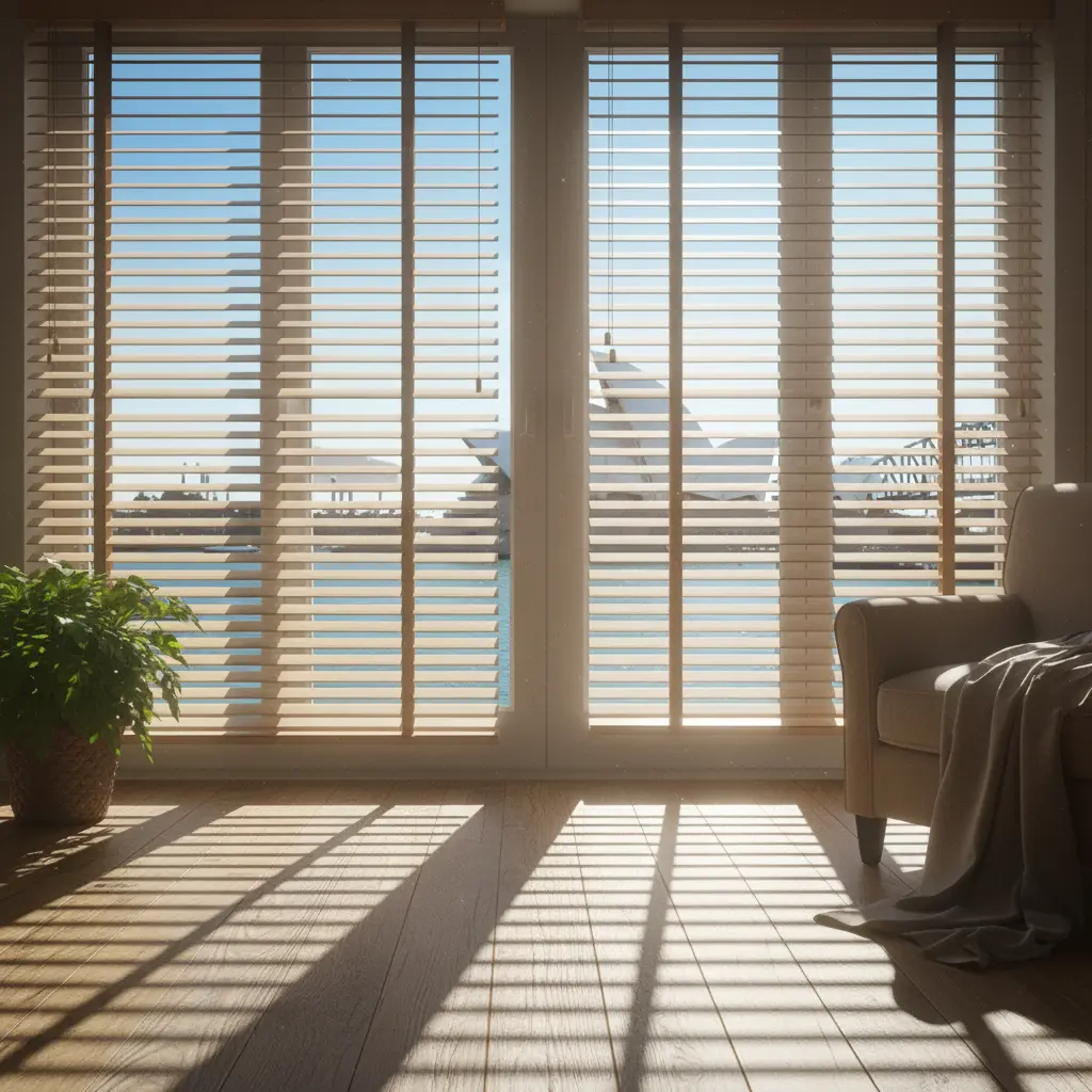 Adjustable horizontal louvres controlling sunlight in a living space