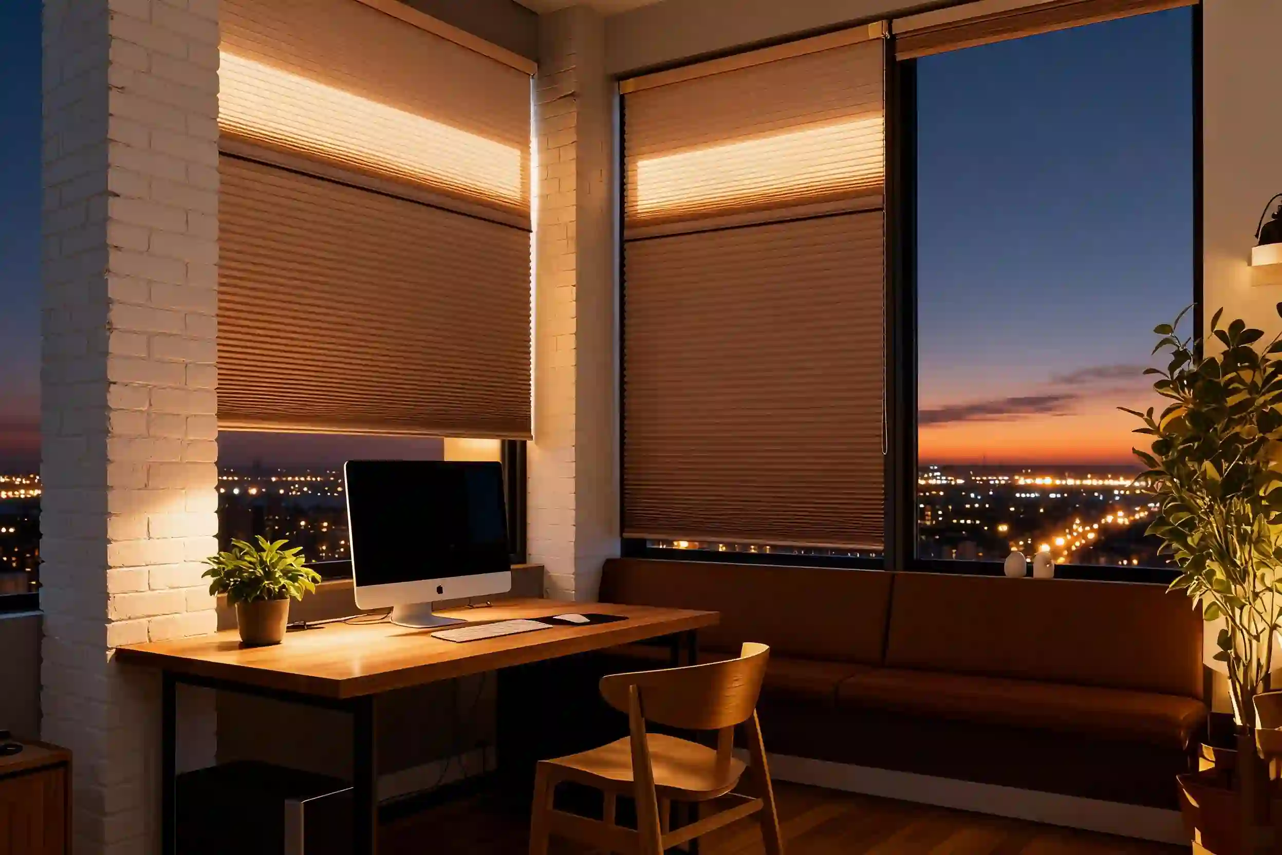 Dark roller blinds lowered over contemporary study glazing at dusk