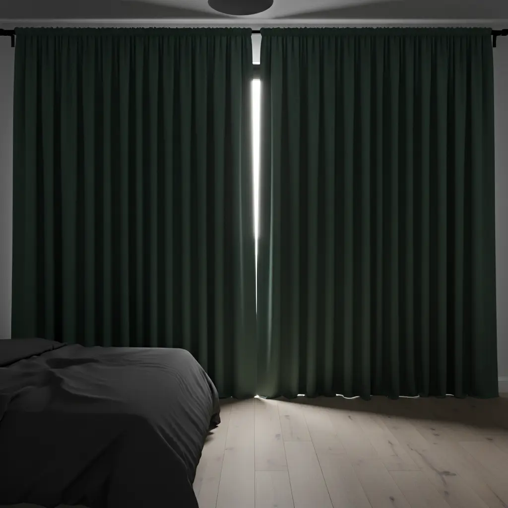 Dark full-height curtains providing substantial room coverage
