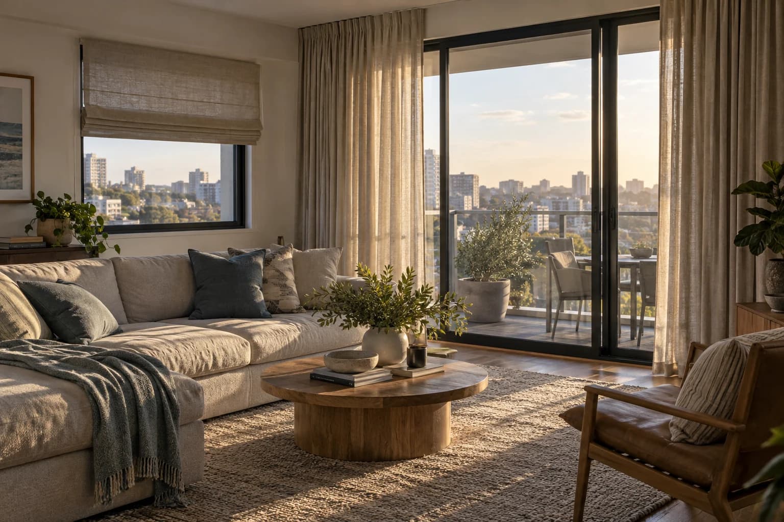 Sydney apartment living room with a tailored Roman blind and full-height curtains