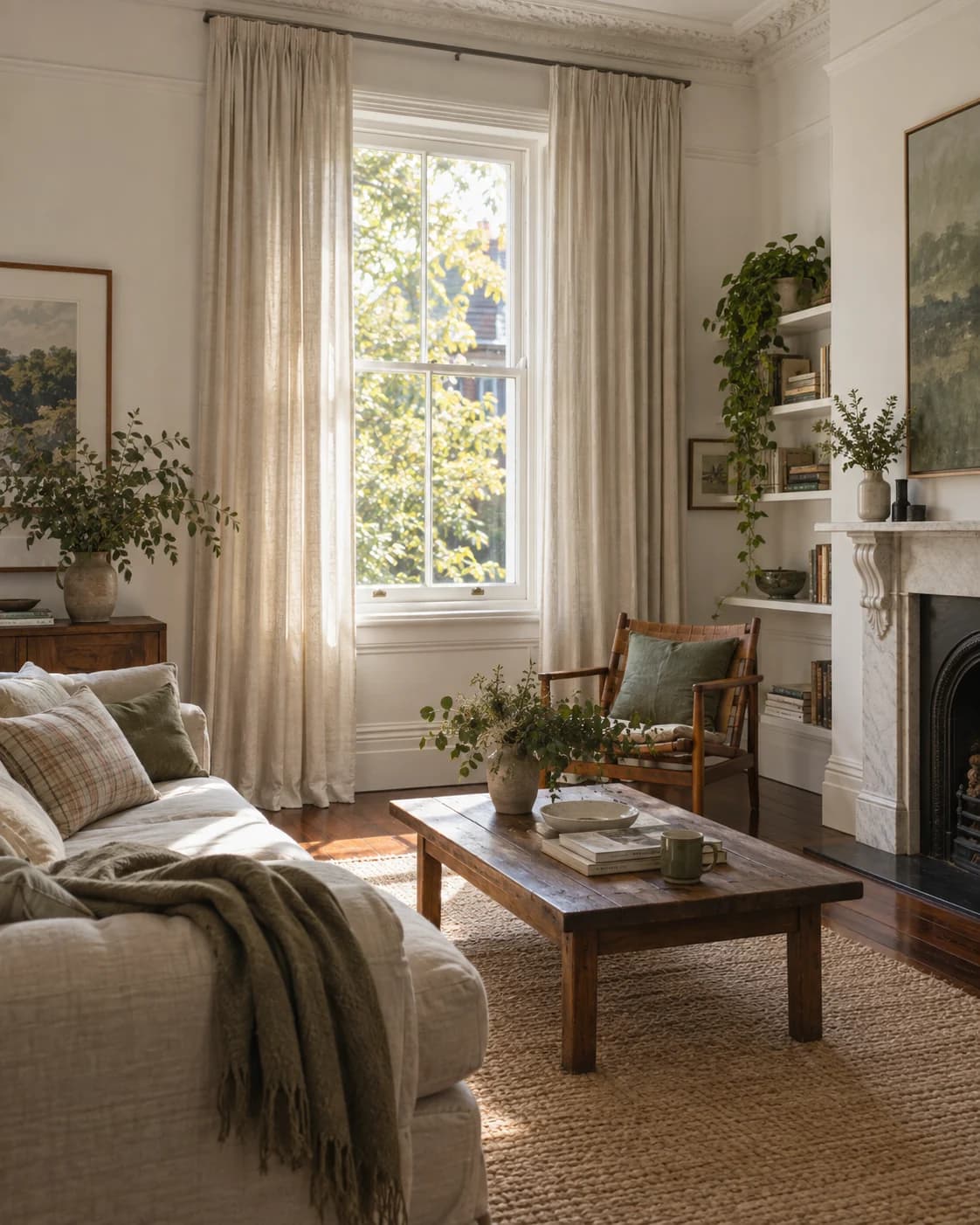 Renovated period living room with full-height linen curtains at a tall sash window