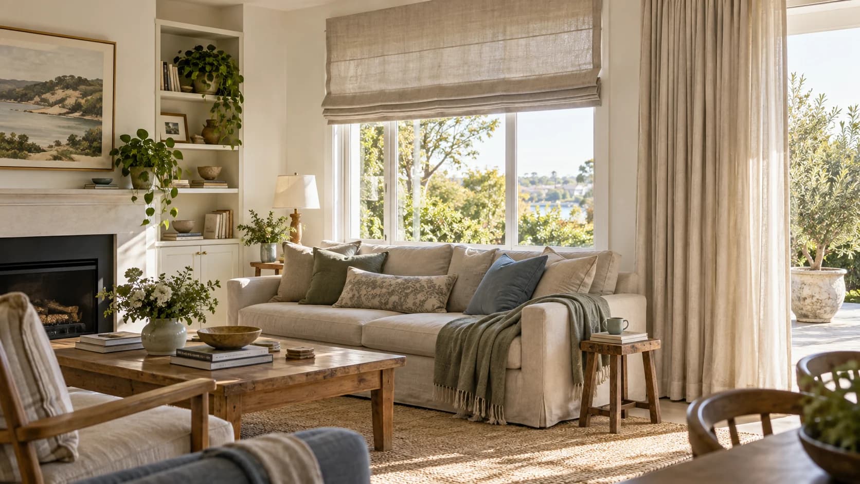 Contemporary Sydney living room with a linen Roman blind and full-height curtains