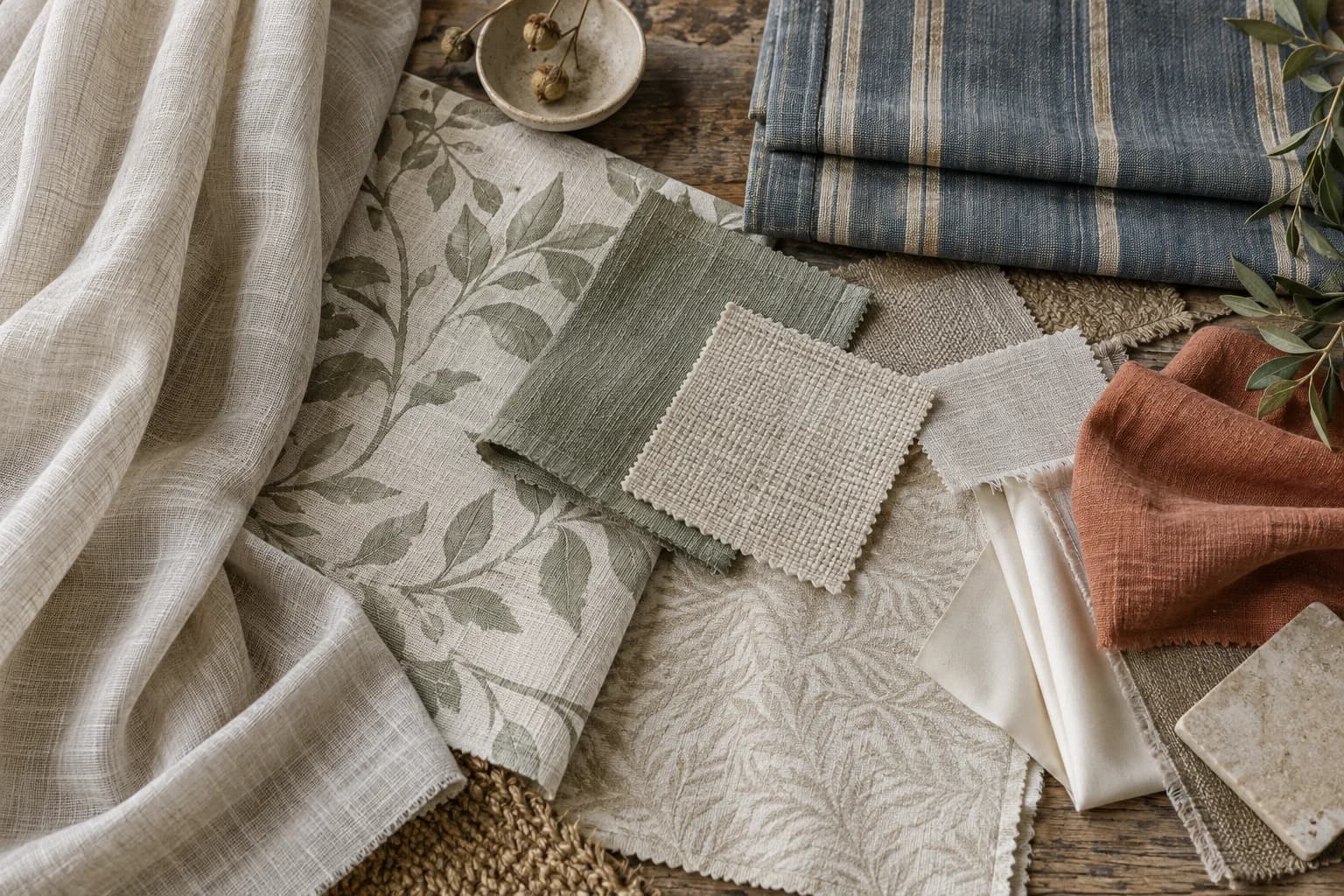 Linen, textured and patterned furnishing fabrics arranged to compare weave, colour and drape