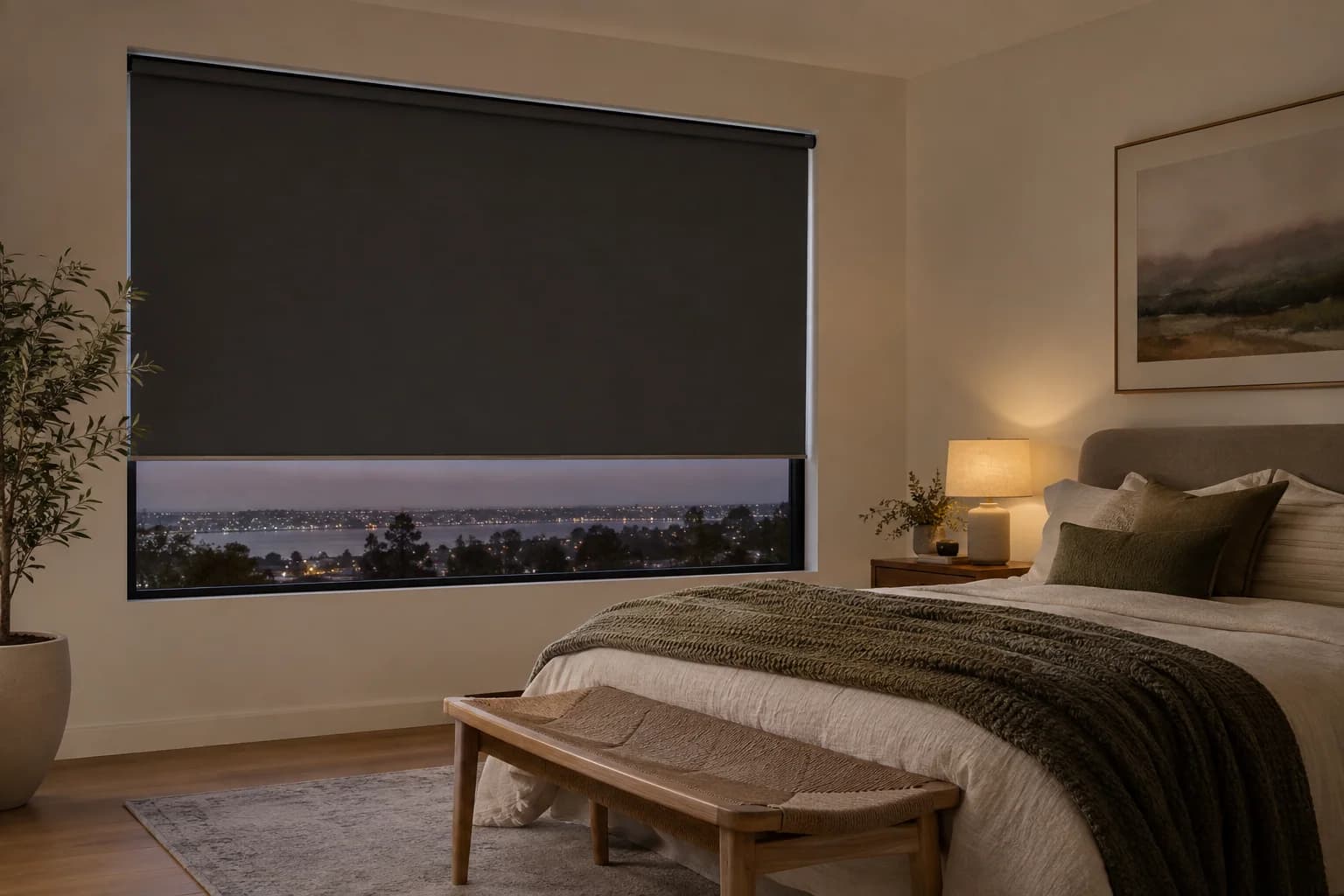 Blockout roller blind with realistic perimeter light in a bedroom