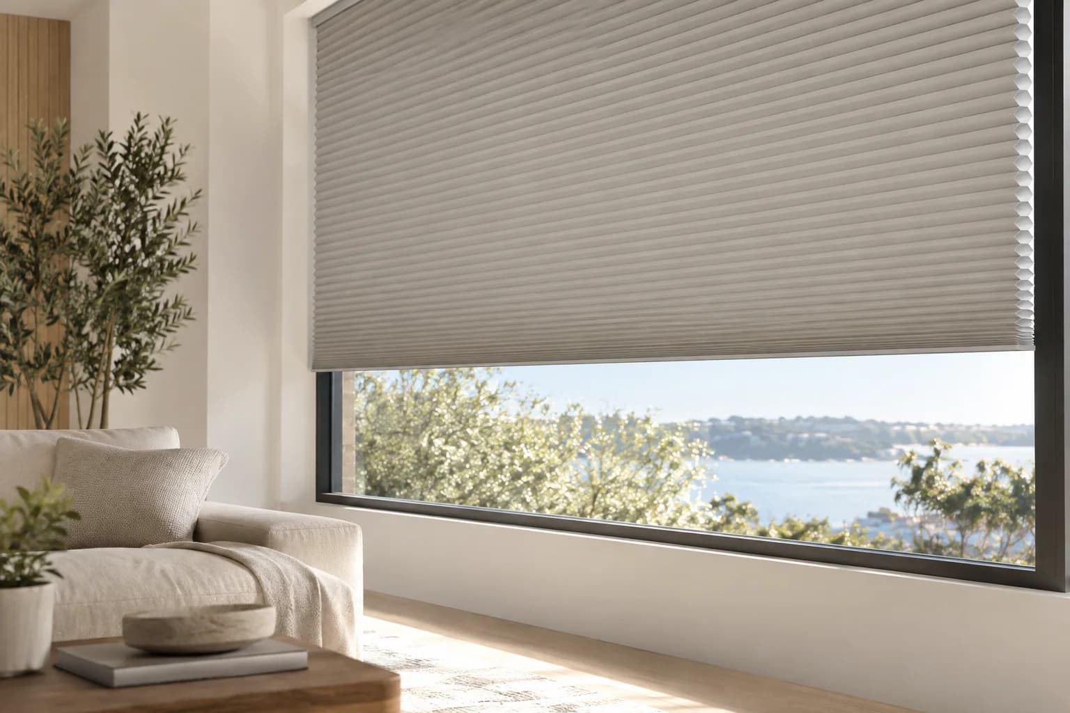 Cellular honeycomb blind filtering daylight in a contemporary living room