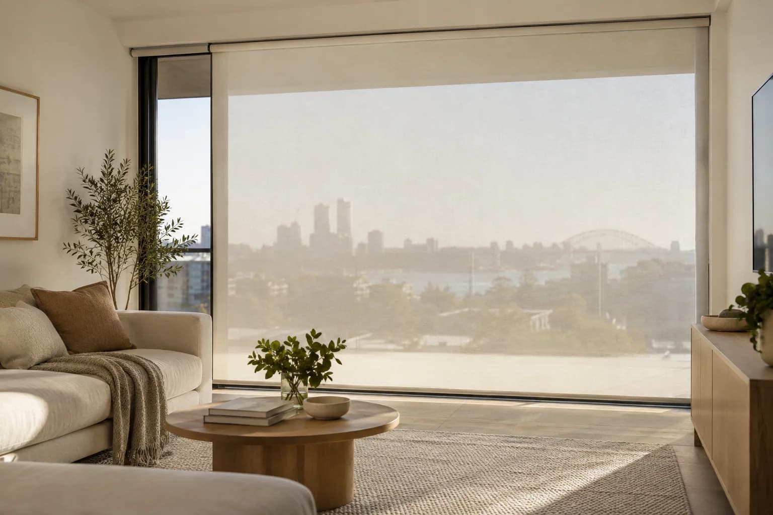 Custom roller blinds aligned across living-room glazing