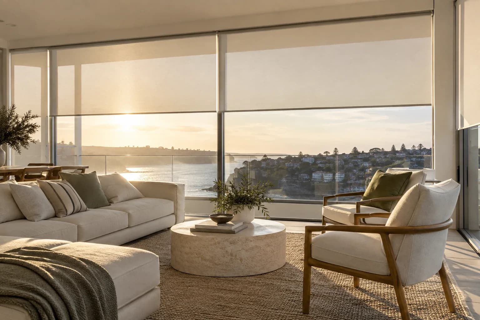 Pale blinds moderating daylight across broad contemporary living-room glazing