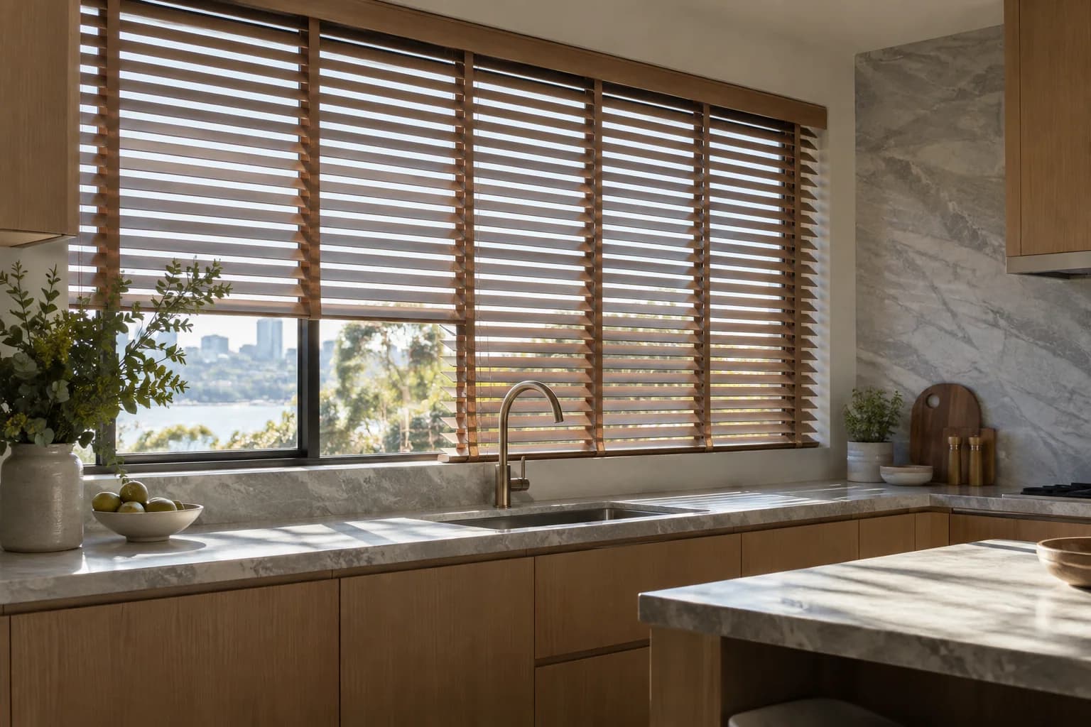 Aluminium Venetian blinds redirecting kitchen daylight