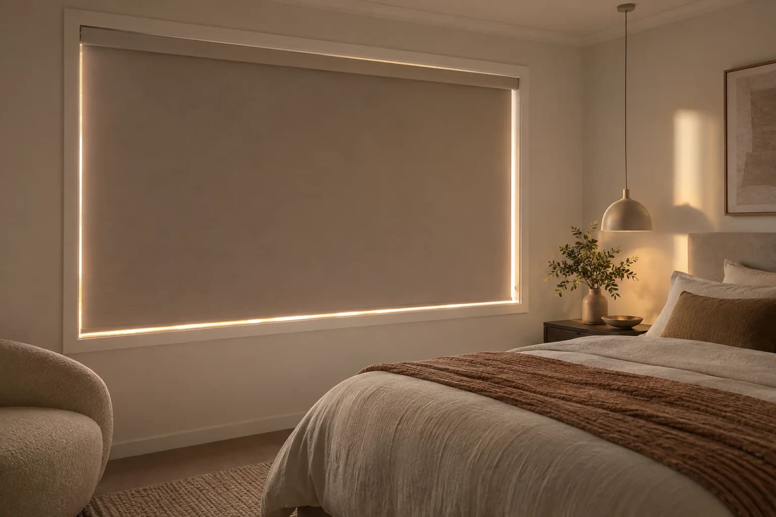 Face-fit blockout roller blind in a quiet bedroom
