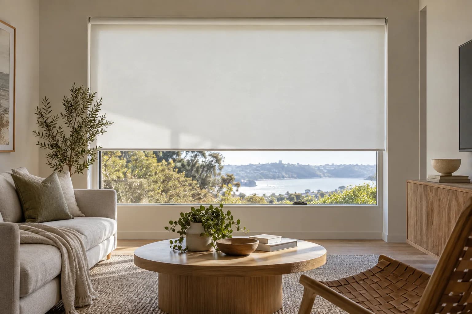 Plain light-filtering roller blind creating an even glow