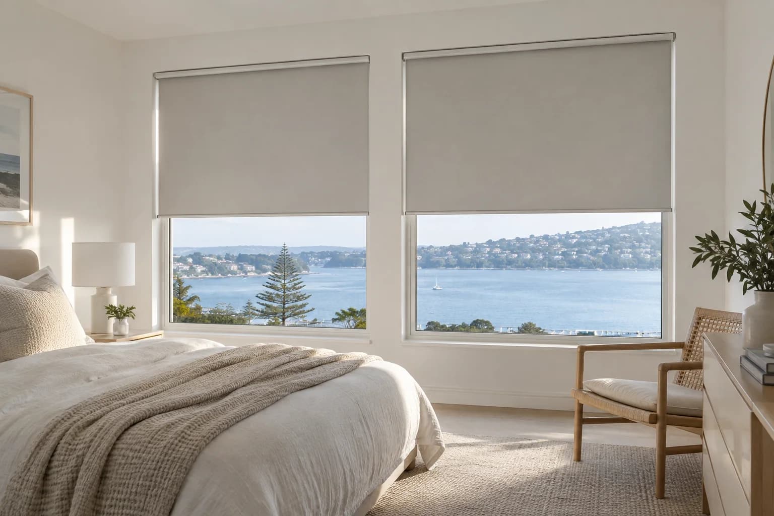 Aligned roller blinds across adjacent bedroom windows