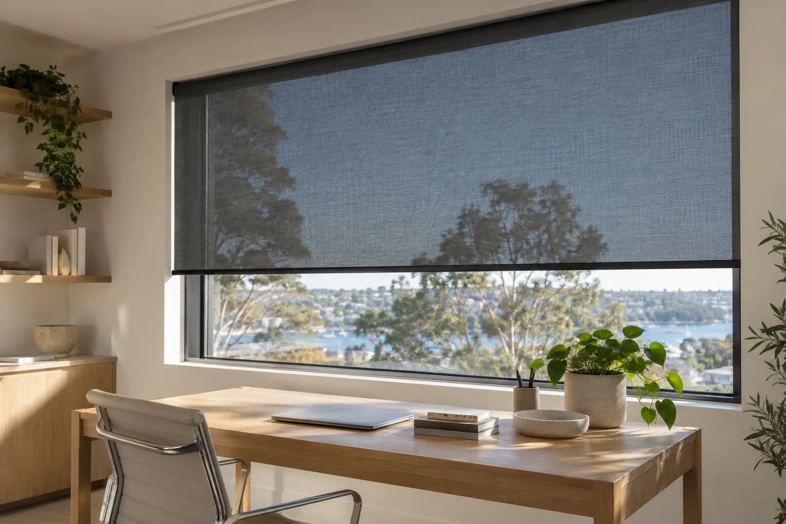 Dark sunscreen roller blind retaining the daytime outlook