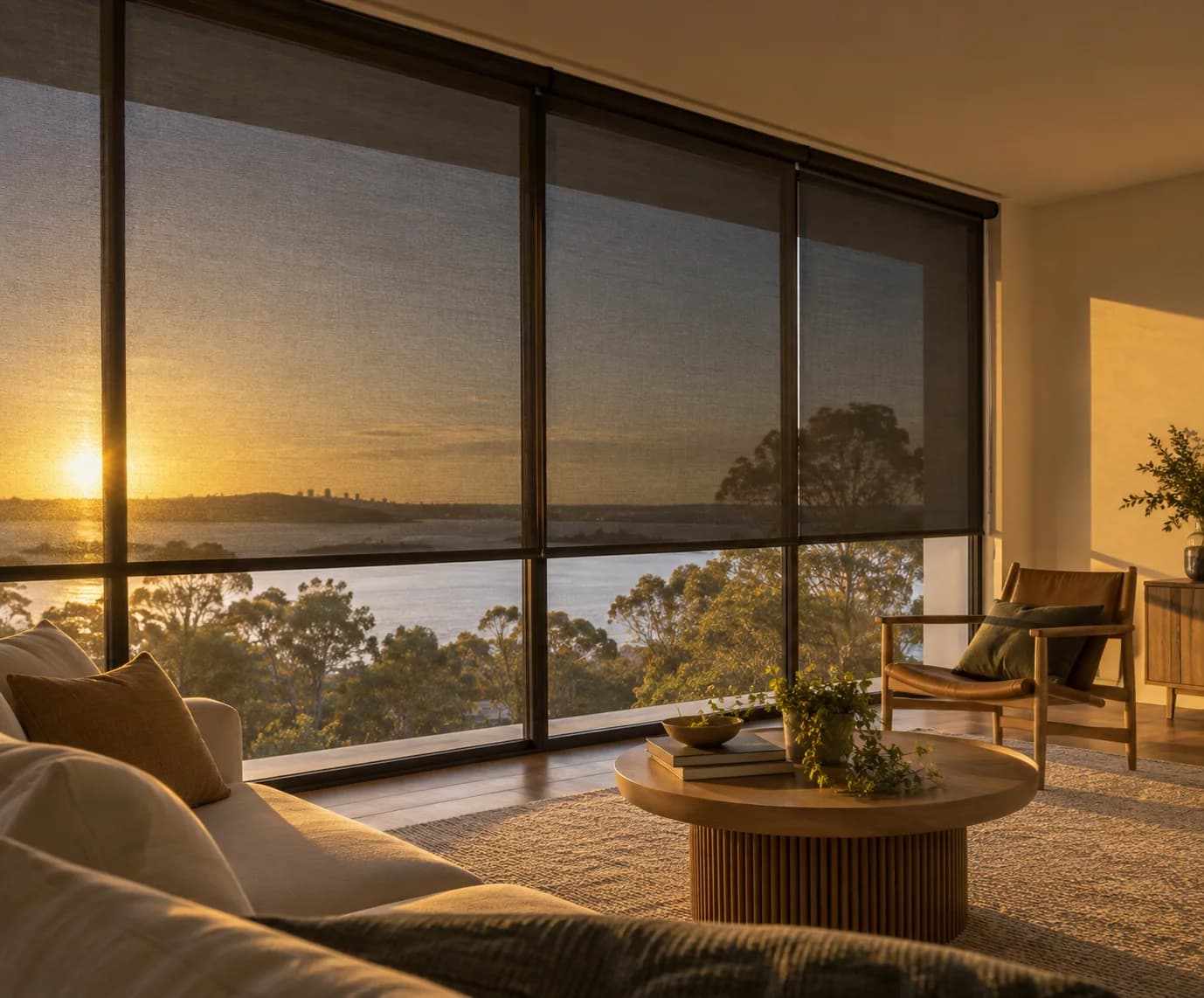 Sunscreen roller blind controlling strong afternoon sun in an Australian living room