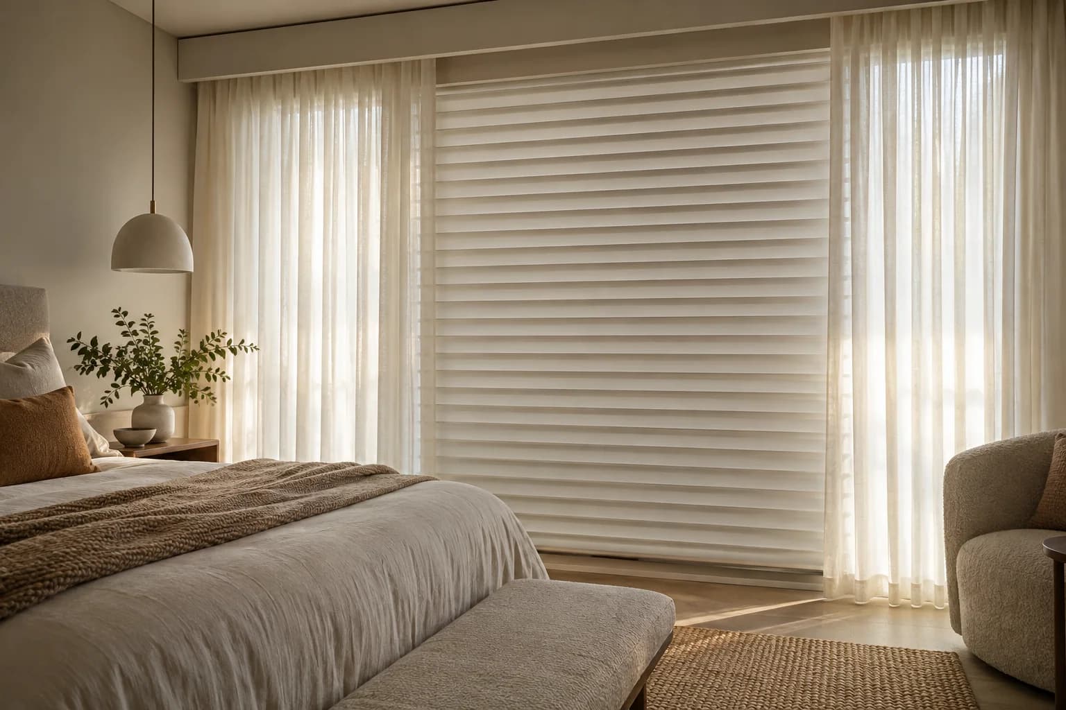 Closed sheer-shade vanes providing softer bedroom screening