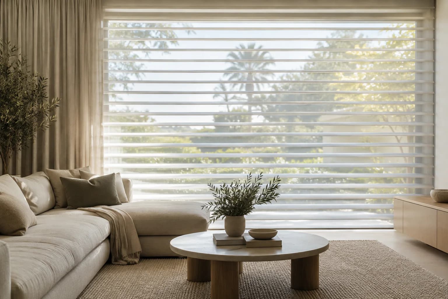 Sheer horizontal-vane shades softening daylight in a Sydney living room