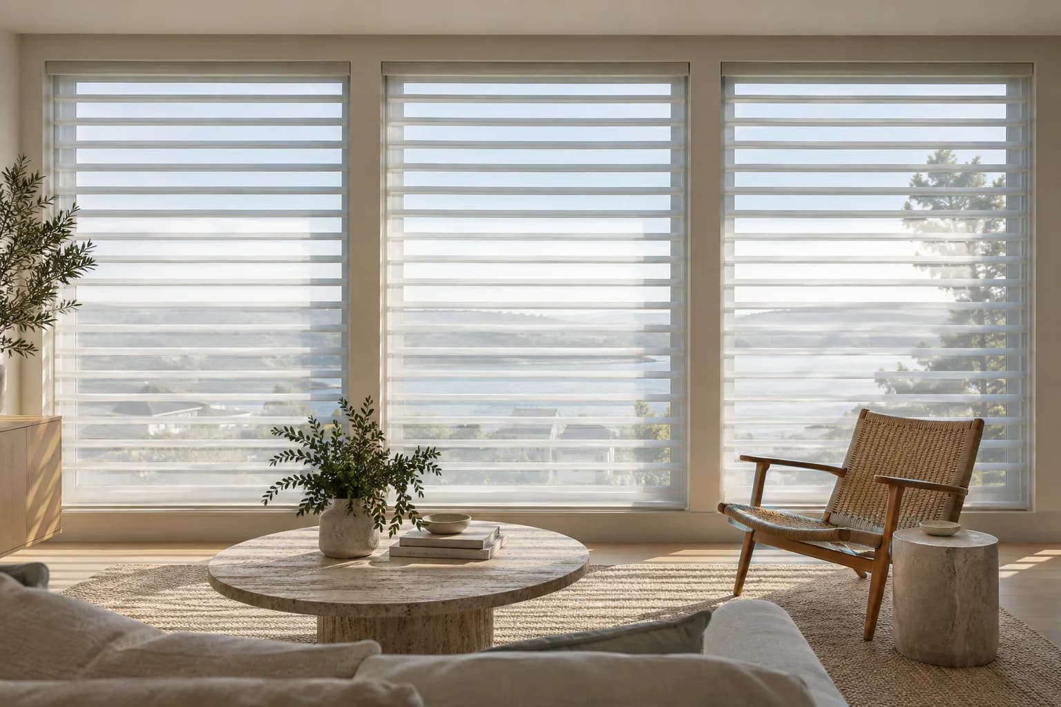 Sheer shades aligned across multiple glazed bays