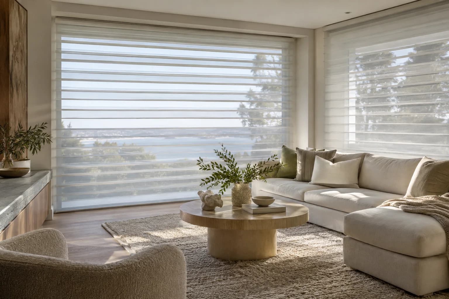 Open sheer-shade vanes admitting daylight and outlook
