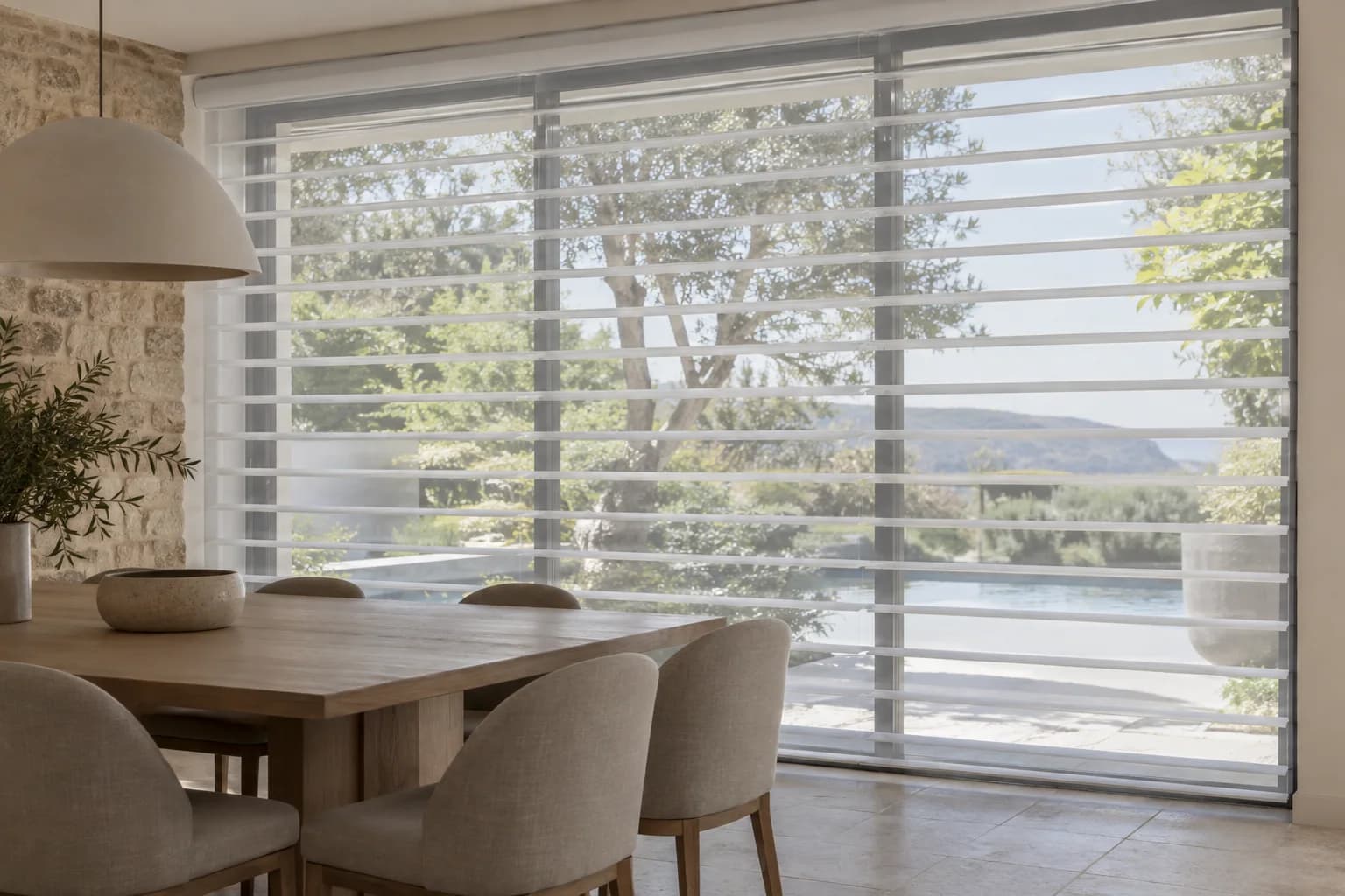 Partly adjusted sheer-shade vanes balancing screening and view
