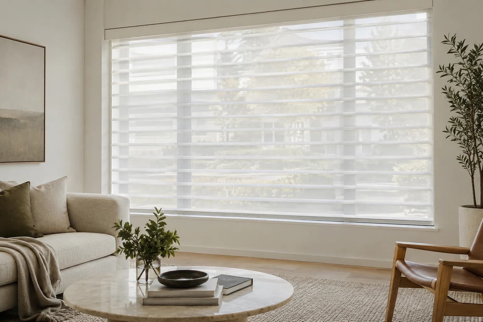 Sheer shades moderating a street-facing living-room window
