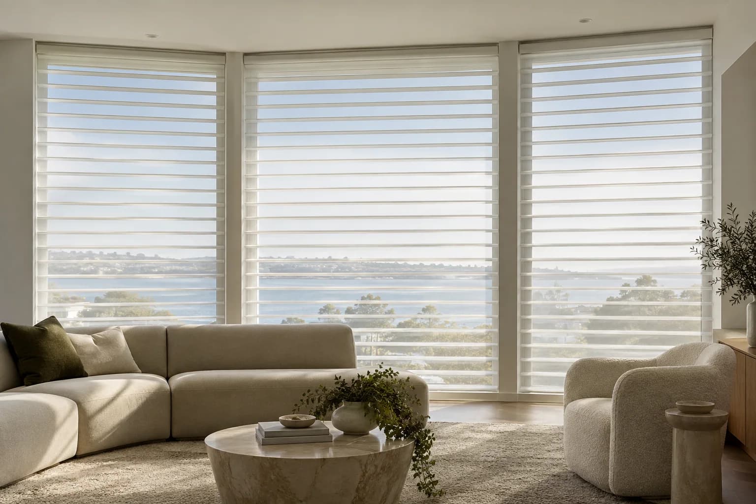 Warm neutral sheer shades in a timber-lined dining space