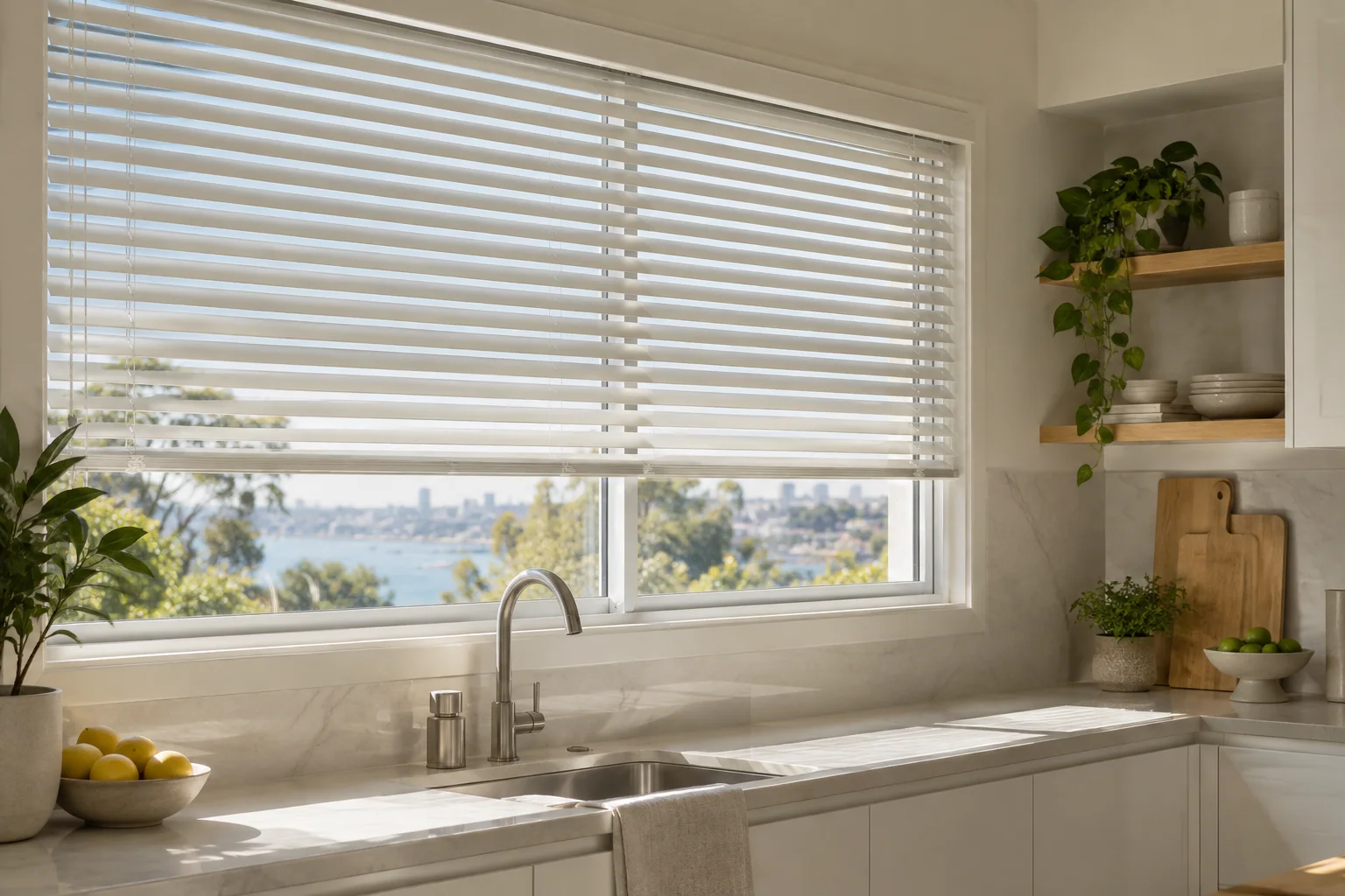 Warm-white aluminium Venetian blind redirecting kitchen daylight