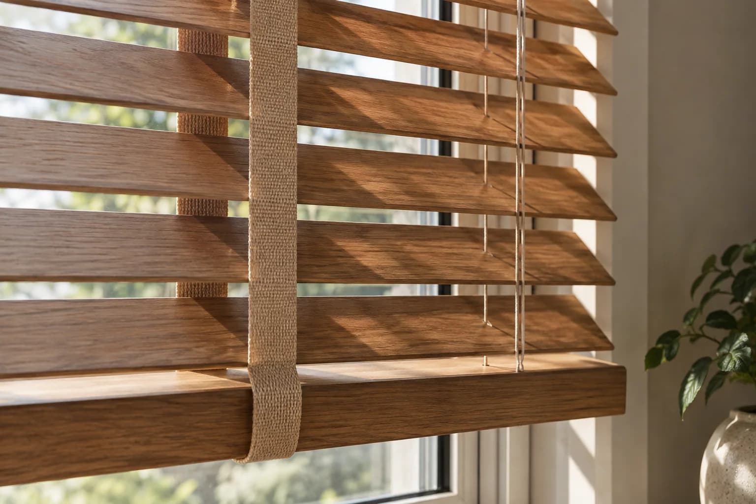 Close detail of timber slats, ladder tape and lift cords