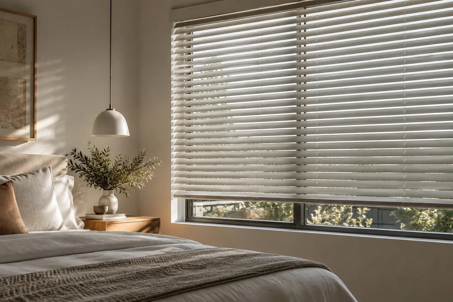 Venetian slats tilted upward for bedroom privacy