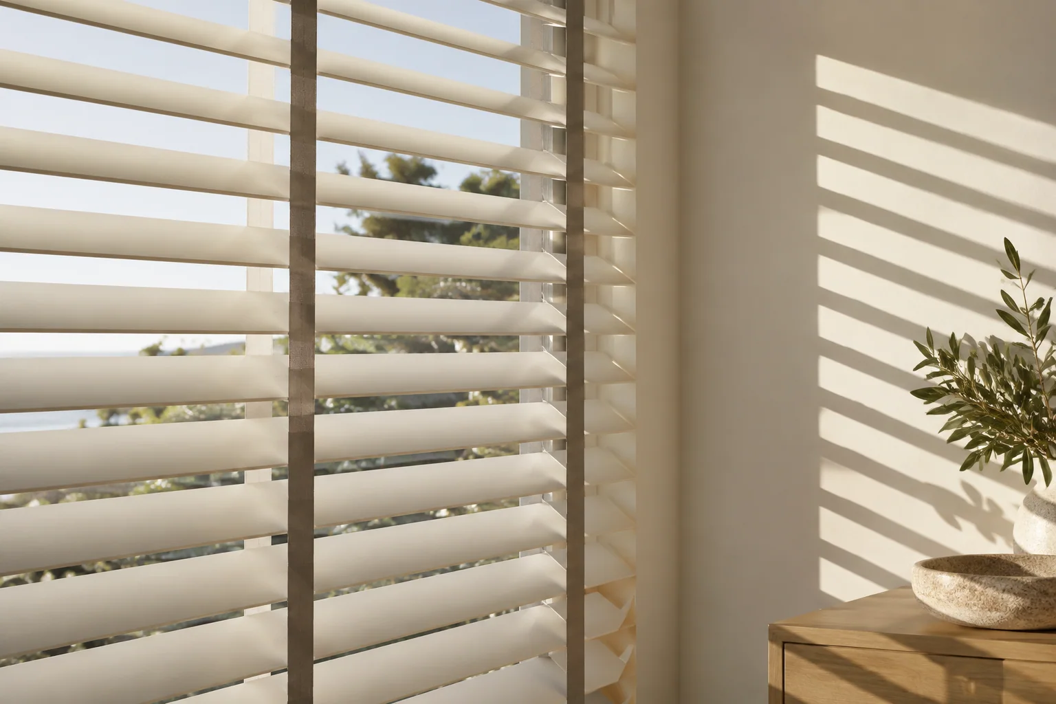 Consistent Venetian slat angle redirecting afternoon light