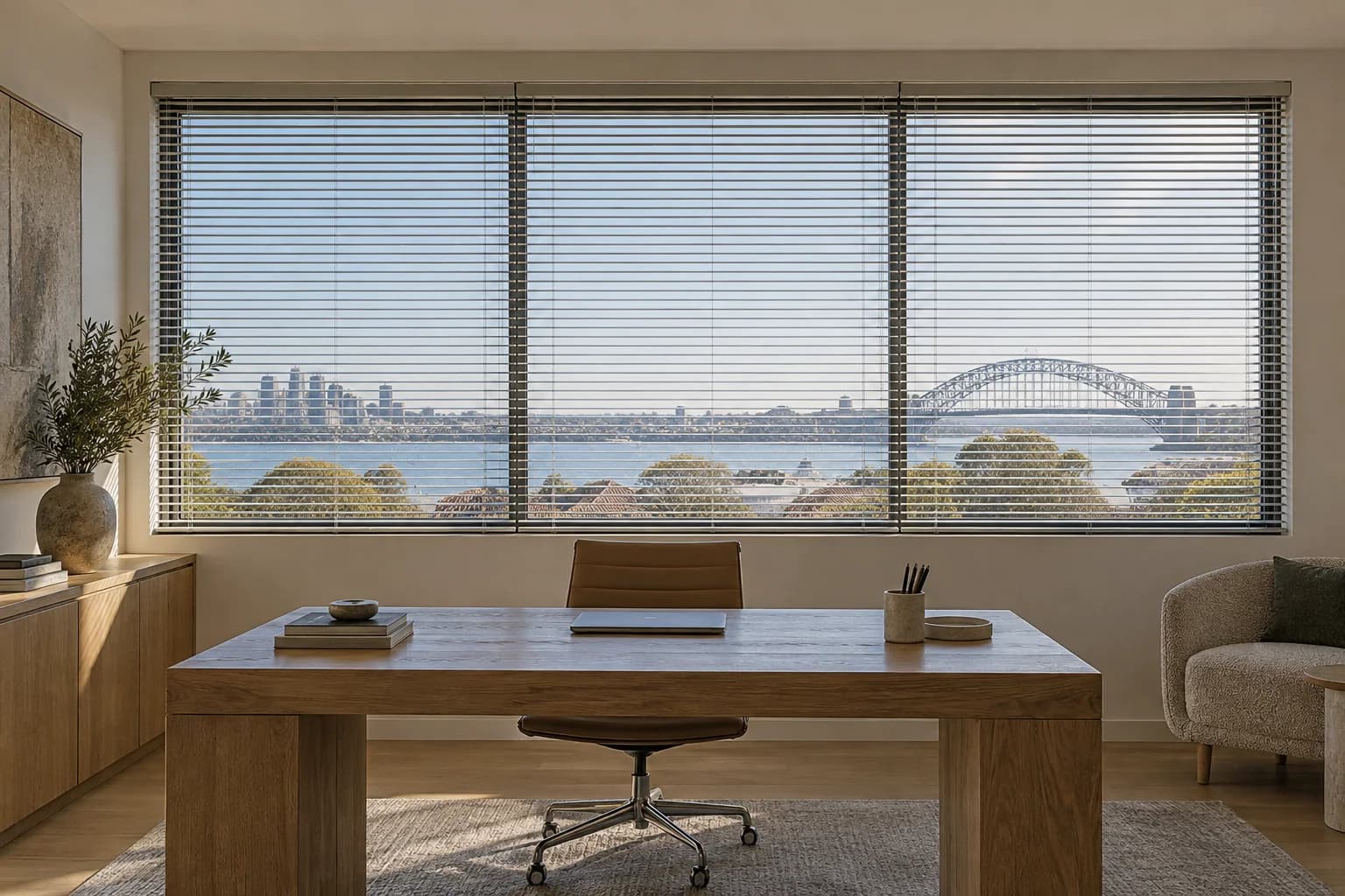 Venetian blind divisions aligned to wide office glazing