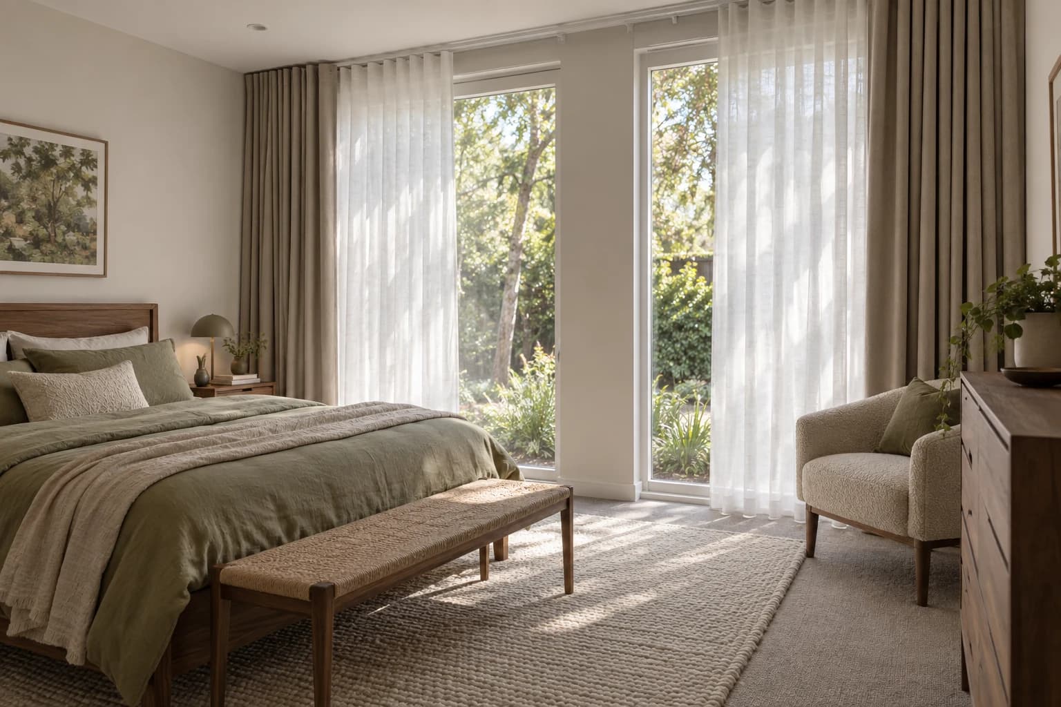 Separate sheer and taupe blockout curtains in a garden-facing bedroom with timber furniture