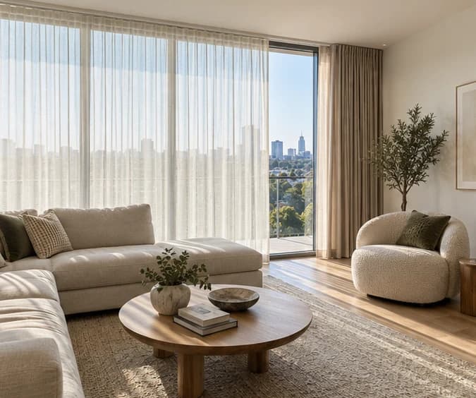 Separate sheer and lined curtains framing full-height living-room glazing