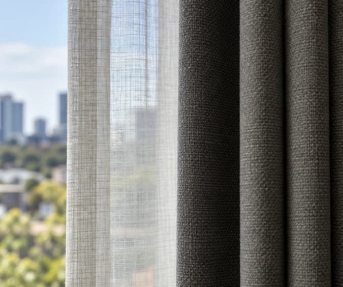 Close view of translucent linen-look sheer beside a heavier textured lined curtain