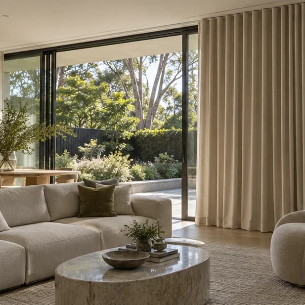 Illustrated full-height curtains framing wide garden glazing in a residential living room