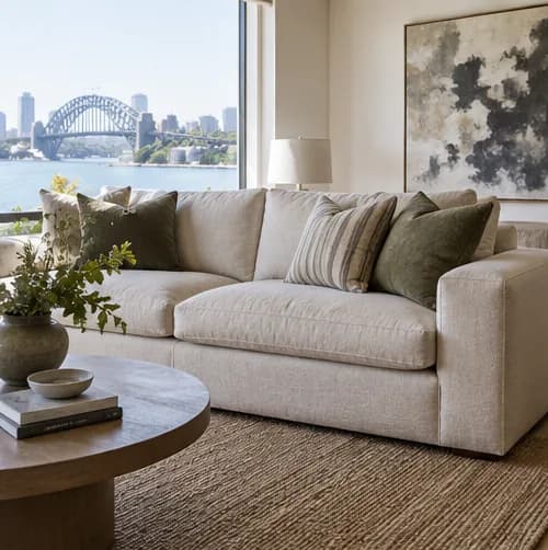 Linen sofa proportioned for a Sydney living room