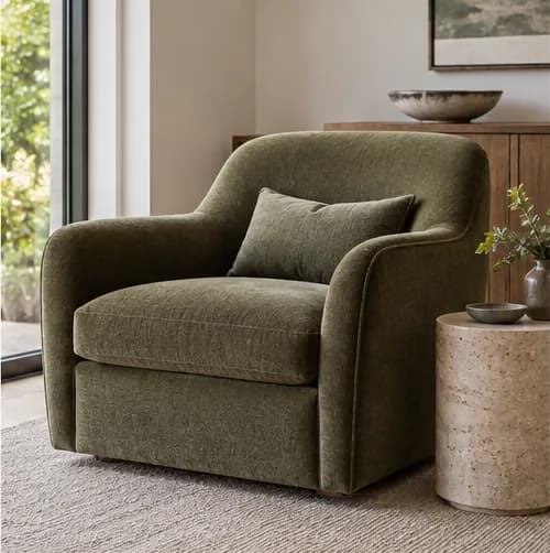 Olive upholstered armchair with tailored cushion