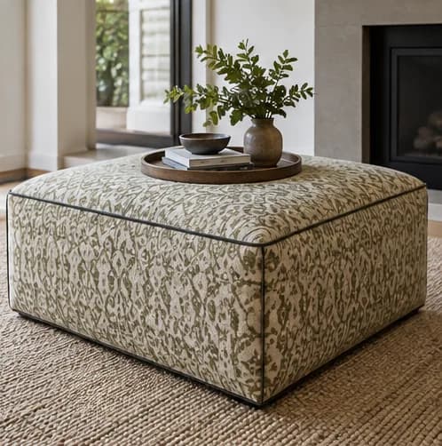 Tailored ottoman with a patterned textile and contrast piping
