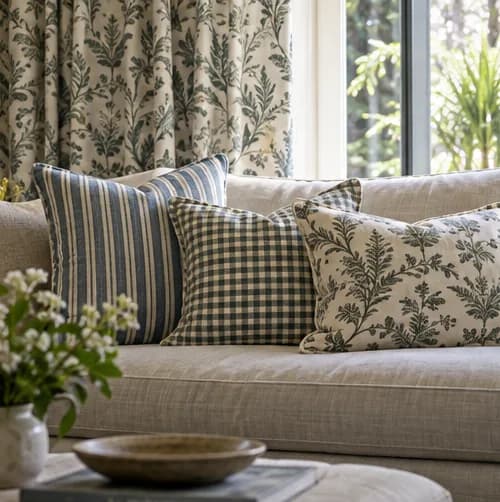 Striped, checked and botanical cushions coordinated with patterned curtains