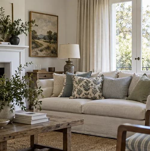 Linen sofa with patterned cushions in a contemporary Australian sitting room