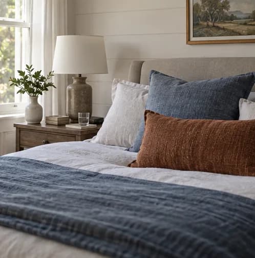 Layered linen bed cushions in muted blue and rust