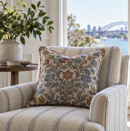 British-inspired patterned cushion on a striped armchair