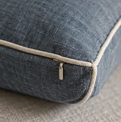 Close view of tailored cushion piping and zip detail