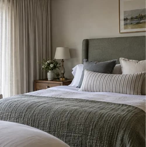 Upholstered bedhead coordinated with curtains and bed cushions