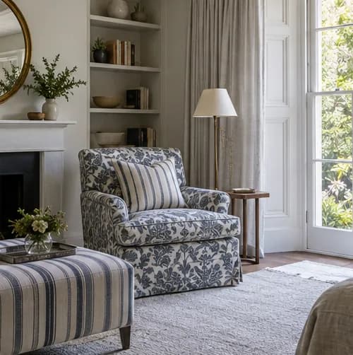 British-influenced sitting room with patterned upholstery and striped cushions