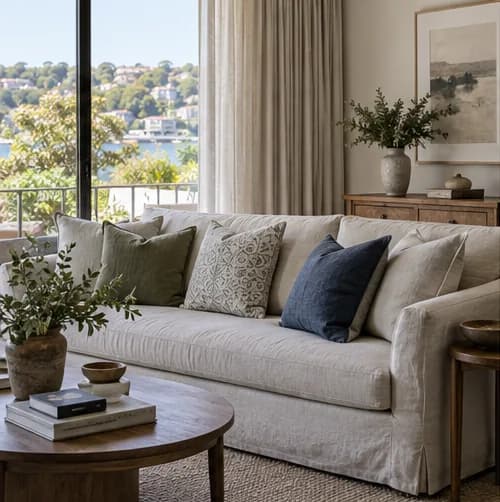 Coordinated curtains, upholstered sofa and tailored cushions in a Sydney living room